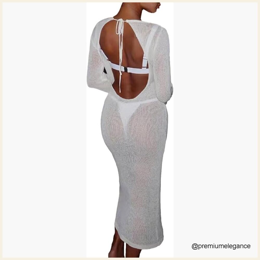 Sheer Crochet Maxi Dress Long Sleeve Backless Coverup Boho Elegant